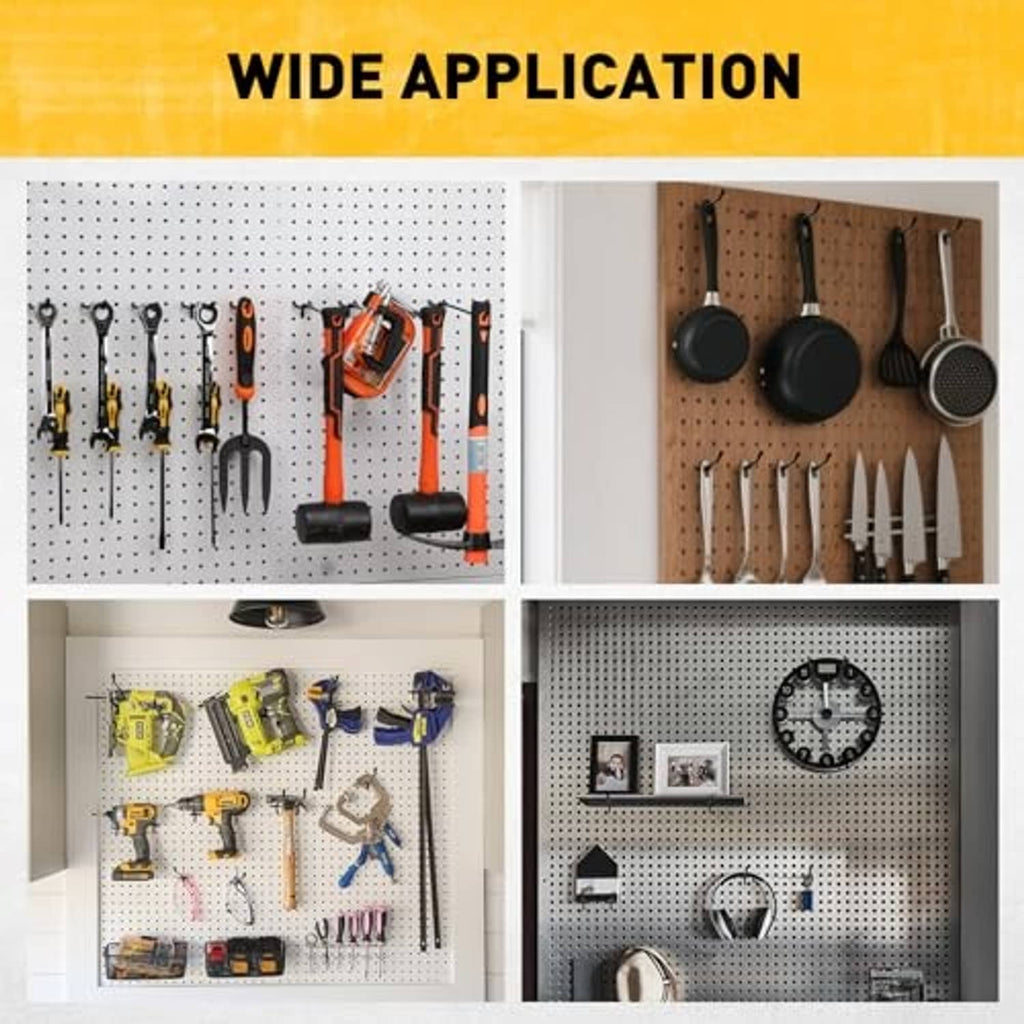 Pegboard hook set installed on a wall board with hanging tools and kitchen items