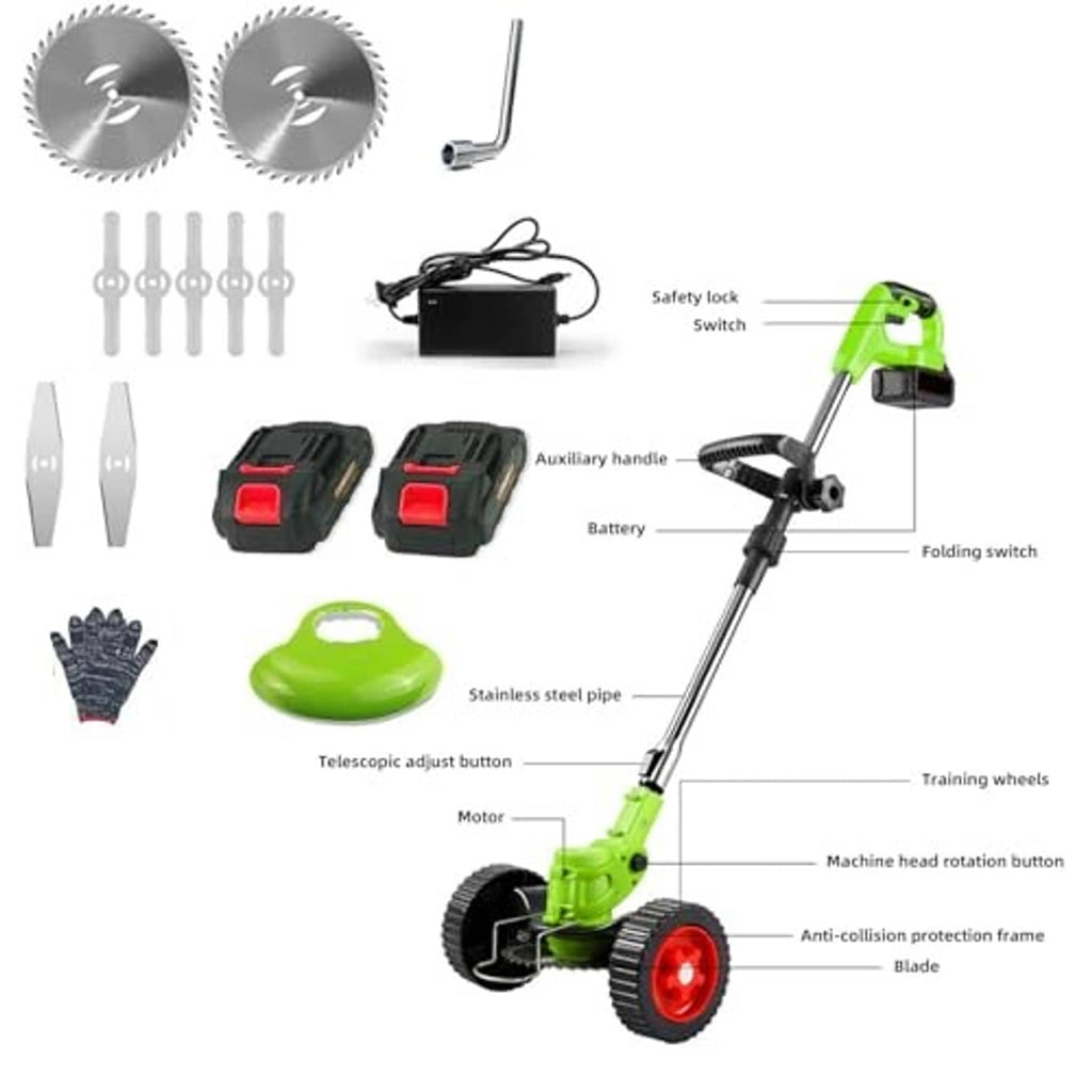 Green cordless grass strimmer with telescopic handle, red wheel, and twin battery packs