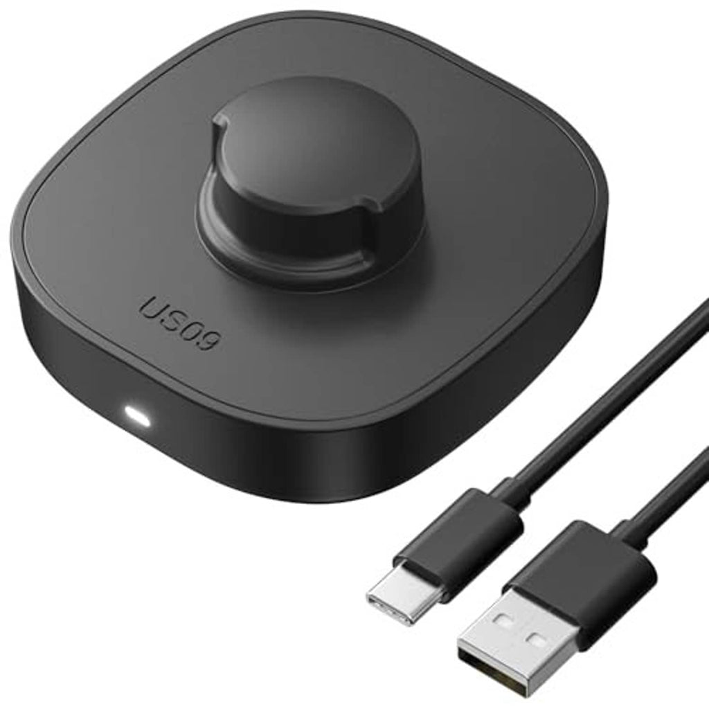 Black charging dock base with USB-C cable and Type-A to USB cable ends