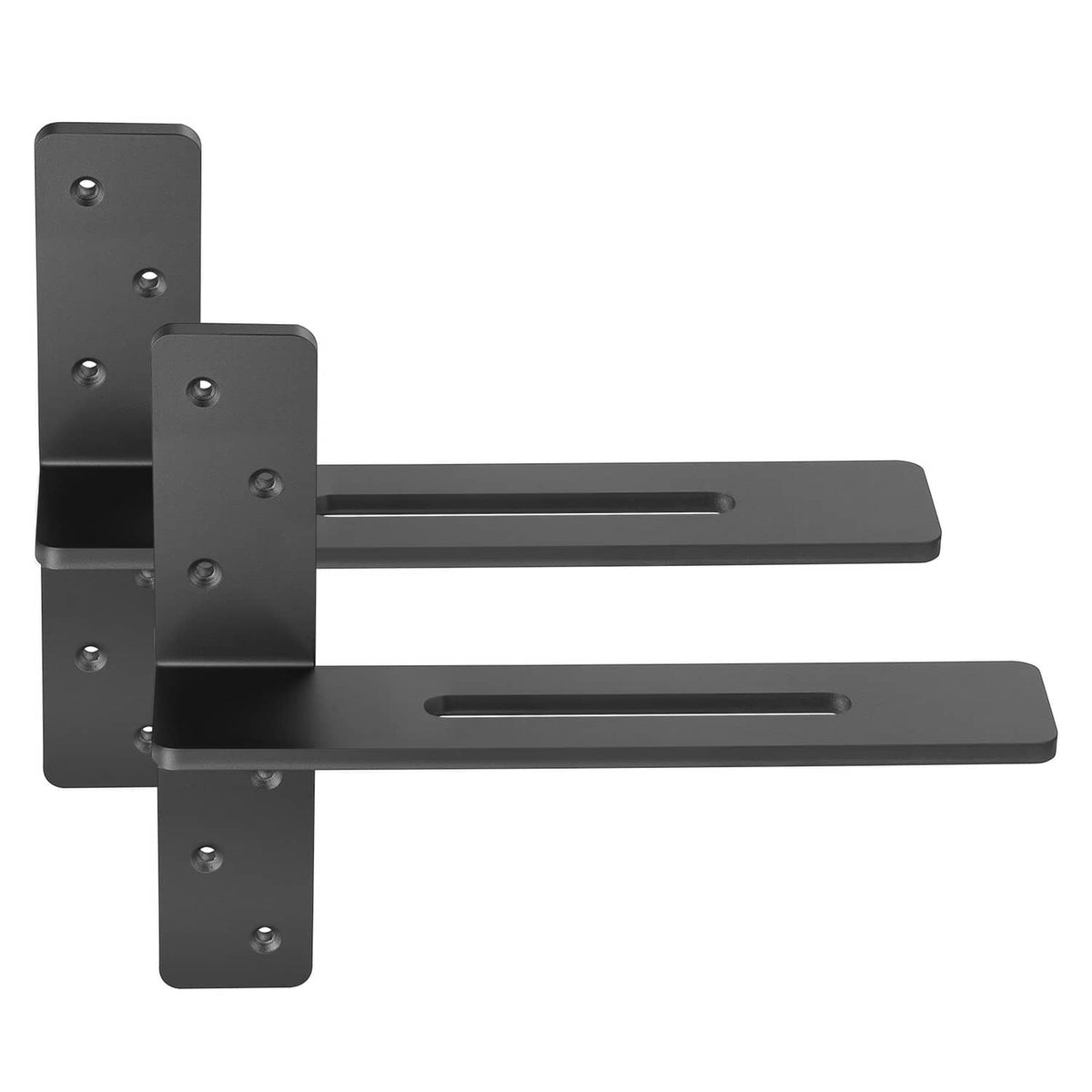 Set of dark metal floating shelf brackets, cross-shaped with two horizontal arms and screws
