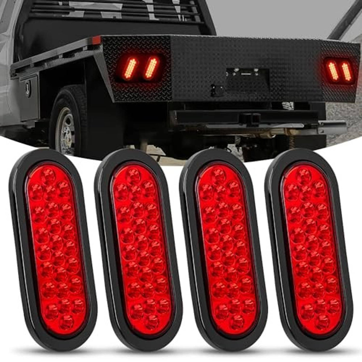 Four-piece oval red LED trailer tail light kit with glowing brake light bars