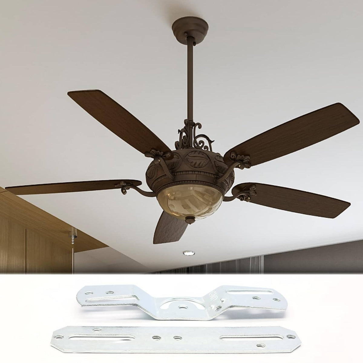 Silver light fixture mounting bracket plate shown near a ceiling light connection