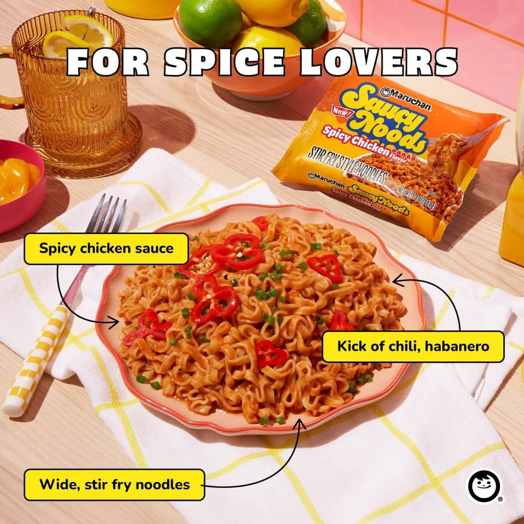 Saucy Noods spicy chicken noodles in bowl with chili toppings and pouch