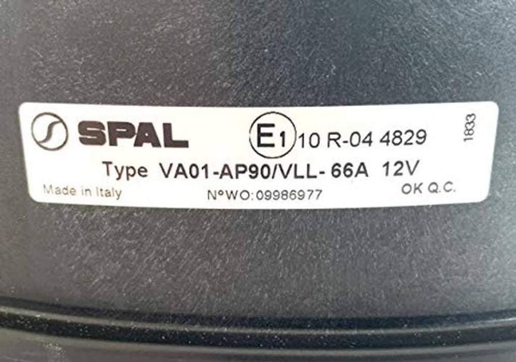 SPAL type VA01 label on grey puller fan housing with 12V and made in Italy markings