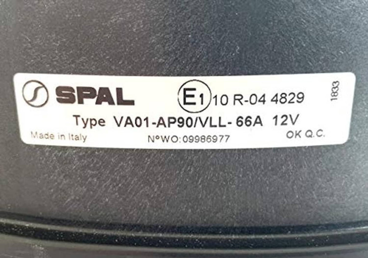 SPAL type VA01 label on grey puller fan housing with 12V and made in Italy markings