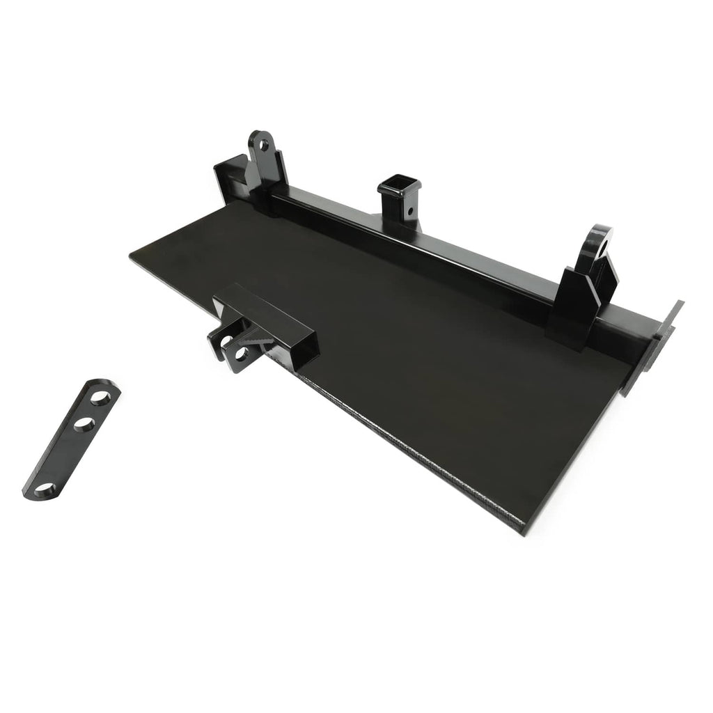 Black steel 3-point attachment adapter hitch, angled view with side support plates