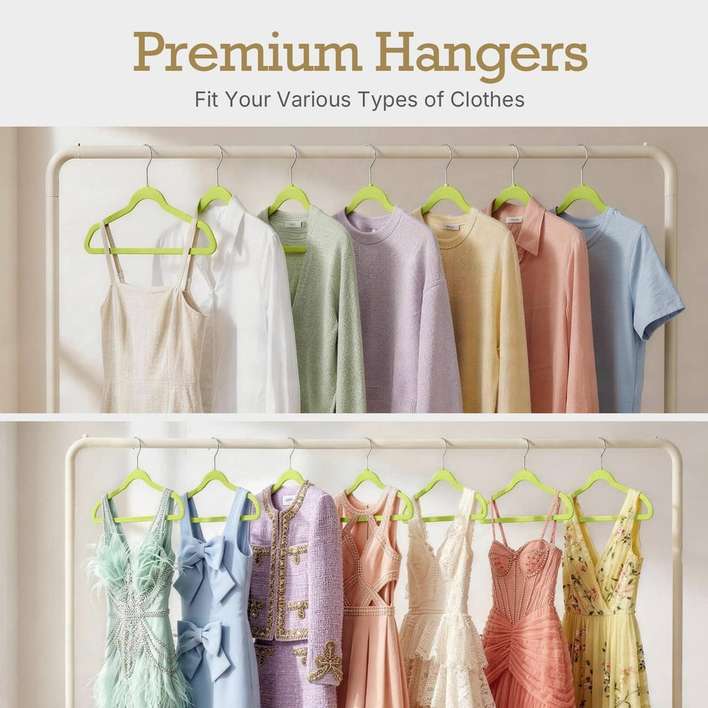 Vibrant green velvet hangers on a two-tier rack holding assorted clothes