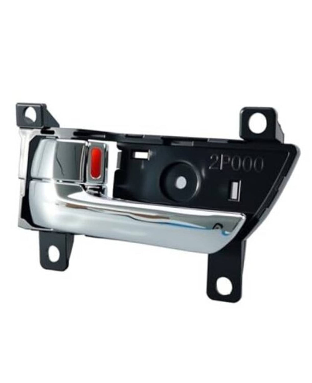 Left interior door pull handle with black housing, chrome trim, red accent, mounting tabs