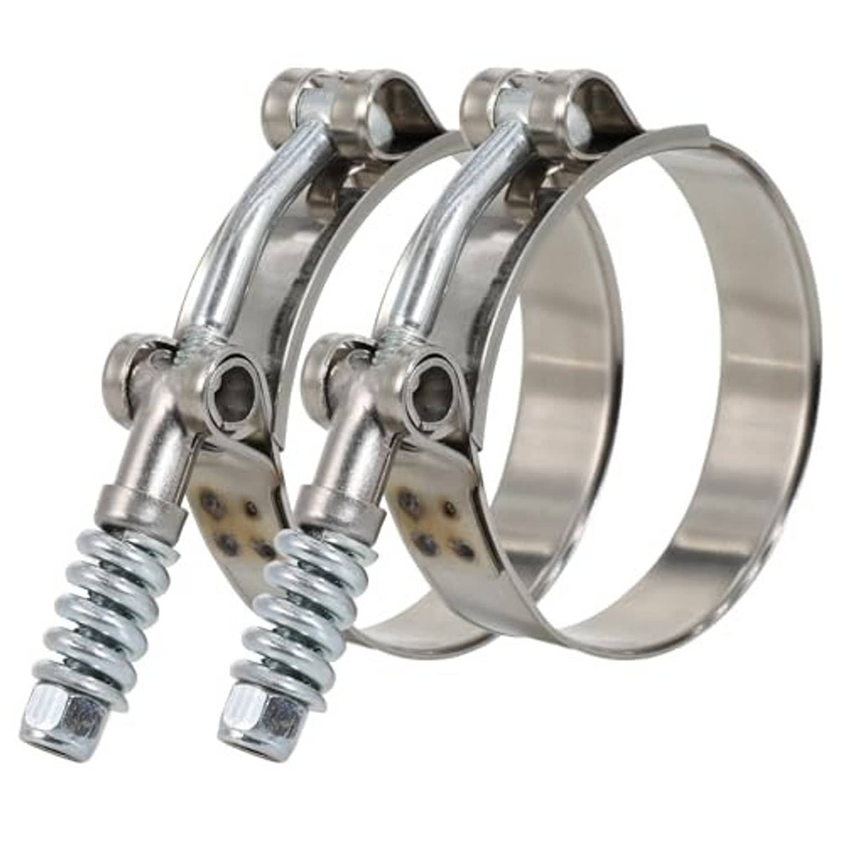 Pair of stainless T-bolt hose clamps with band, perforated insert, and bolt