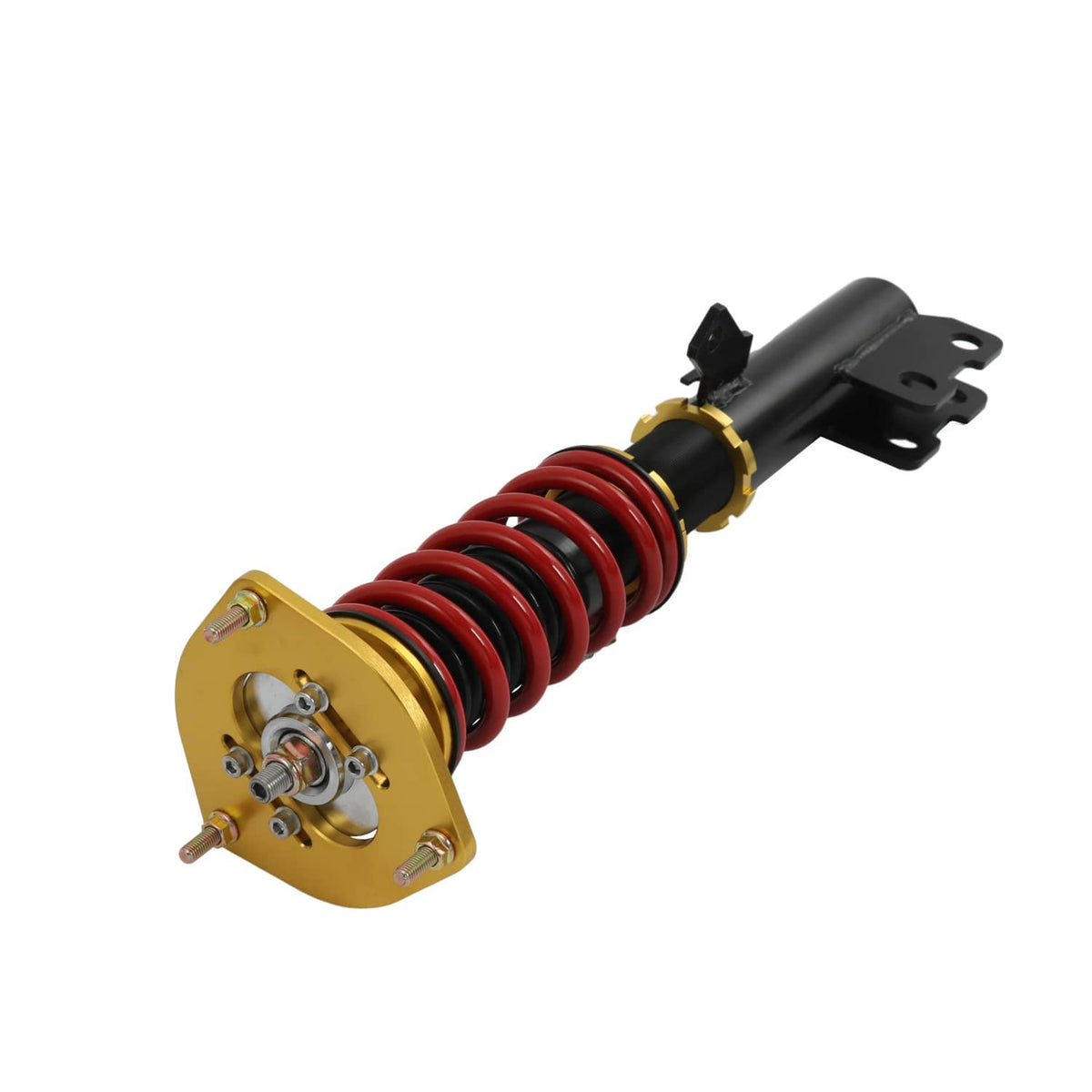 Single coilover assembly with gold mounting plate, black strut bracket, and red spring