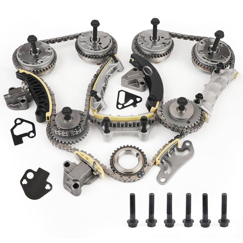 Timing chain kit gears, chain guides, and mounting bolts