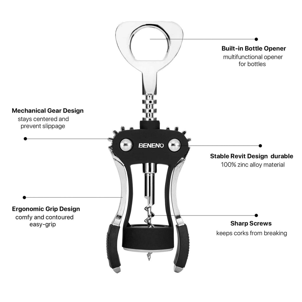 Black wing corkscrew wine opener with chrome worm and bottle-cap opener on top