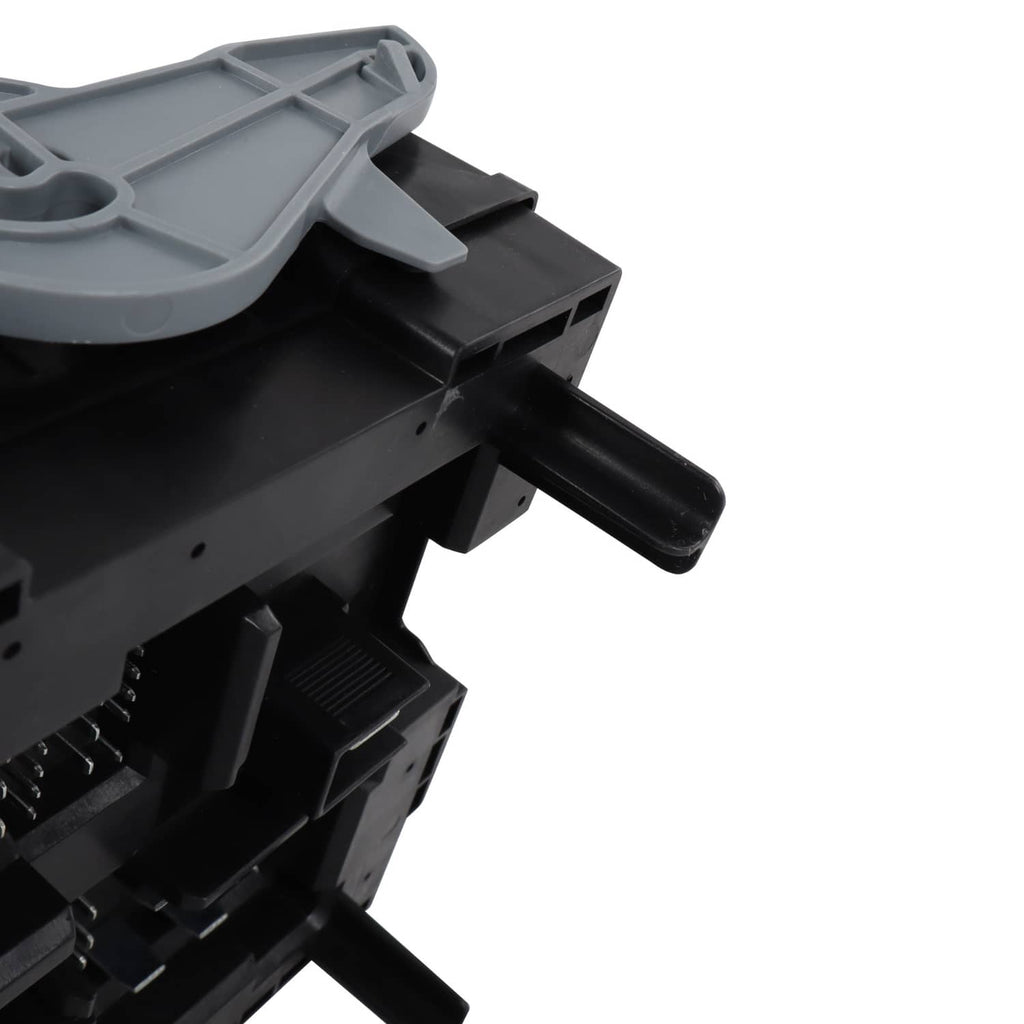 Automotive fuse relay junction block with gray connector housing and black locking latch