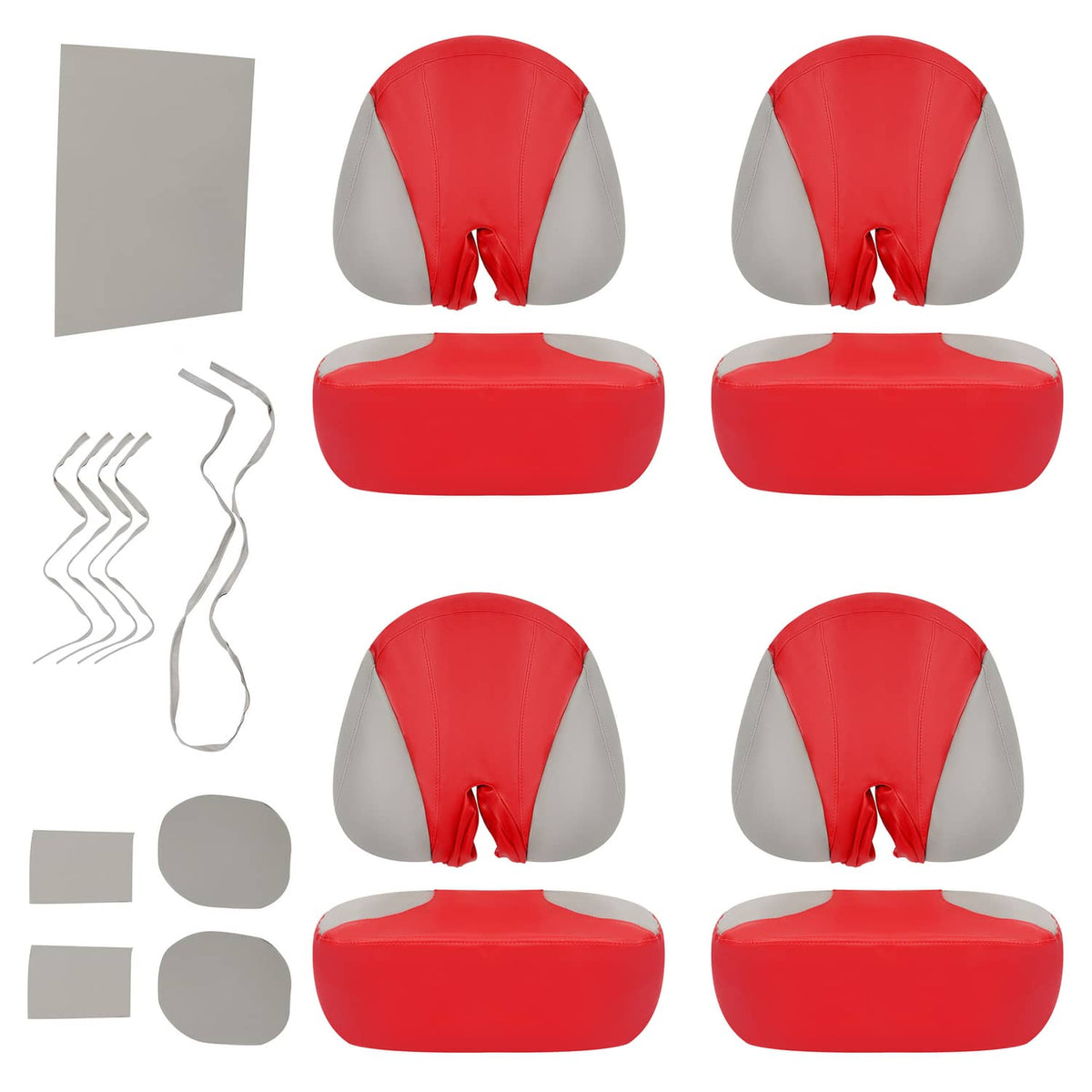 Red and gray soft set seat cover set with molded headrest and bench pads