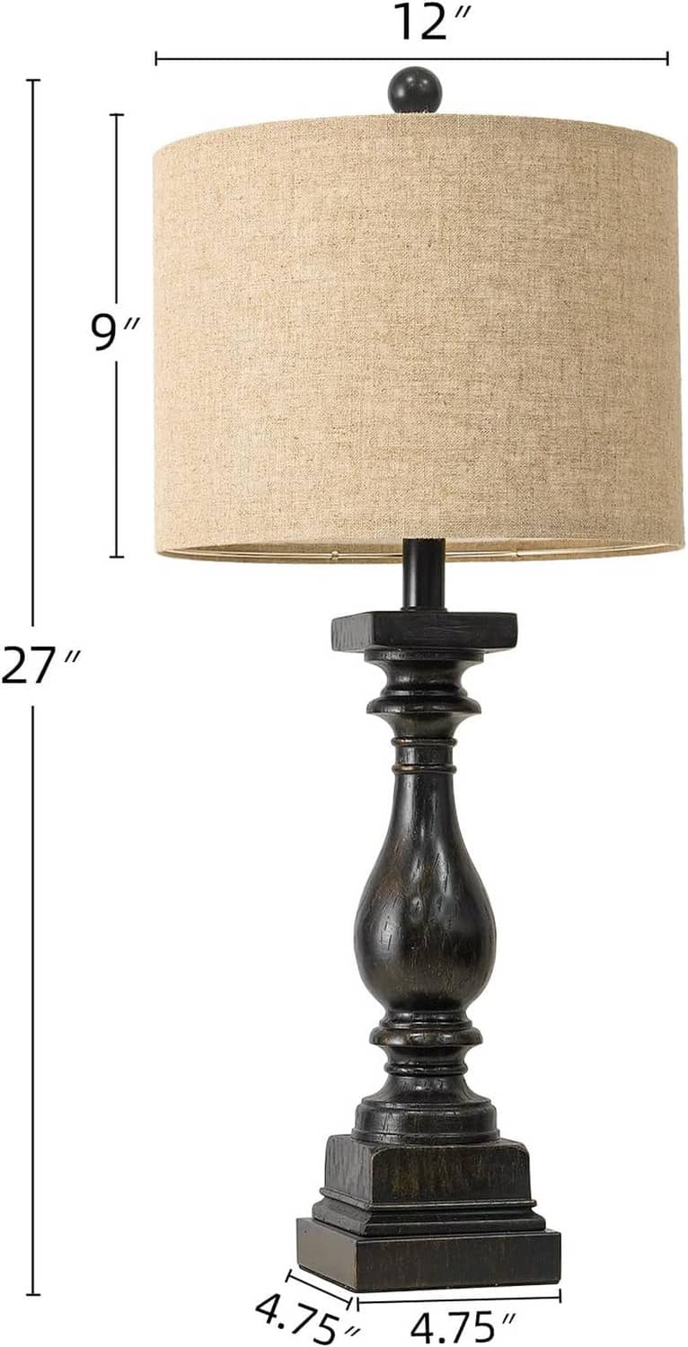 27 in table lamp with beige drum shade and dark turned base (measured height and width)