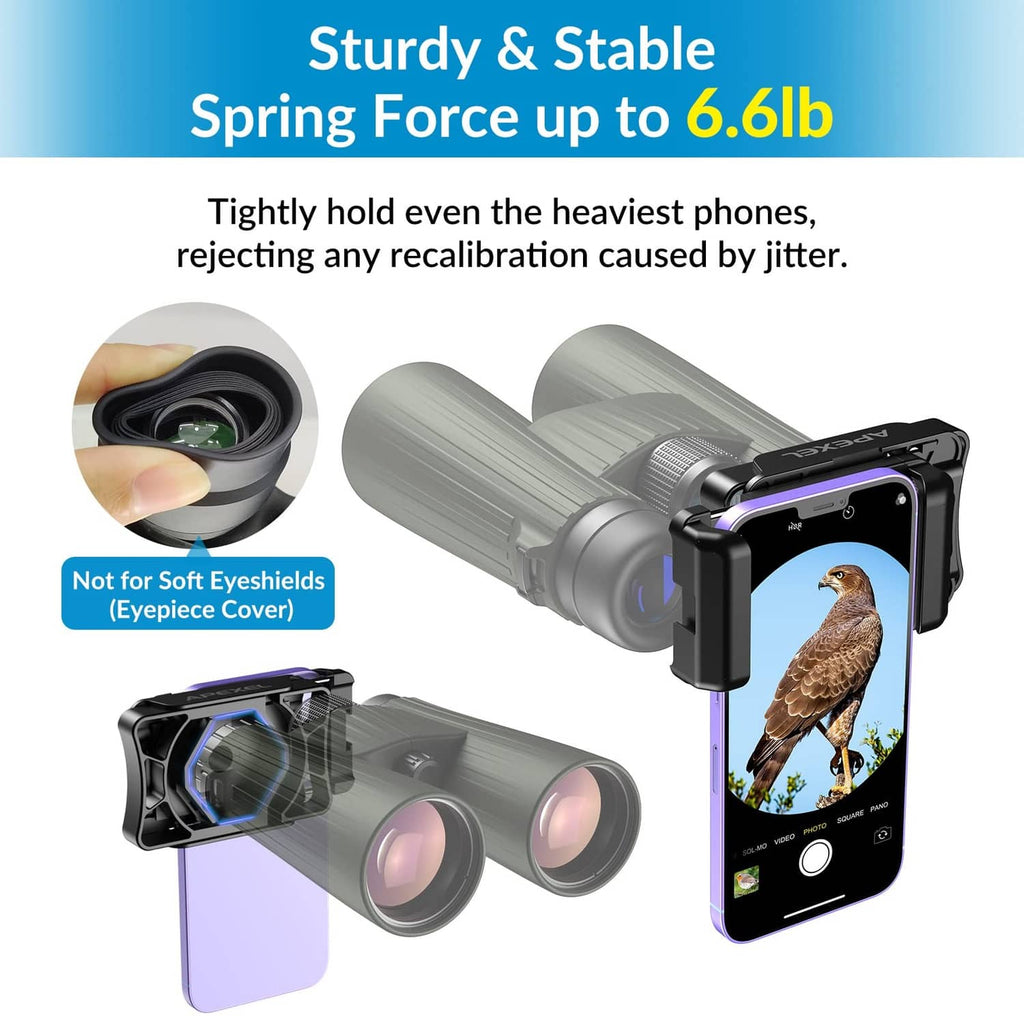 Black telescope phone adapter with spring force mount holding a phone