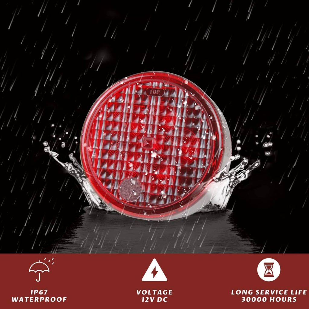 Waterproof-style red LED tail light with round lens, chrome rim, and LED grid