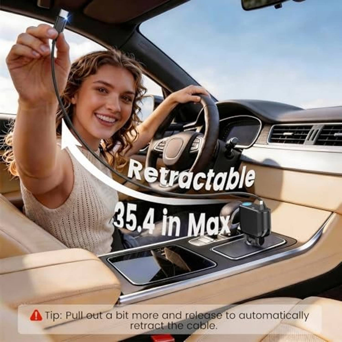 Retractable car charger adapter plugged in with retractable cable near the gear area