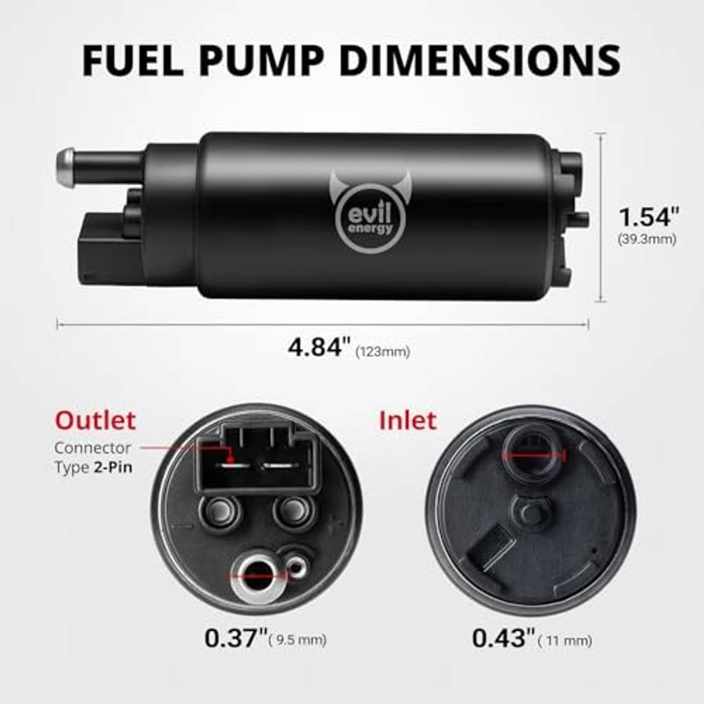 Electric in-tank fuel pump with dimensions diagram and inlet/outlet connector views