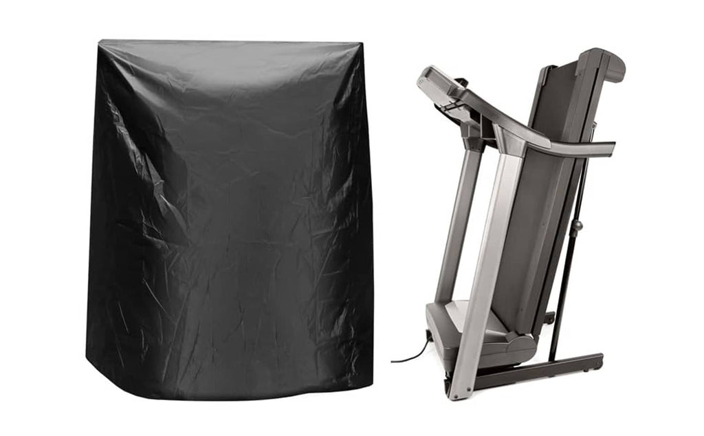 Black waterproof treadmill cover with treadmill for coverage and fit visibility.