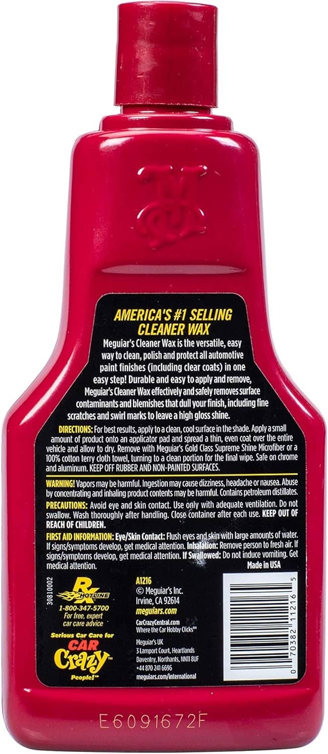 Red cleaner wax bottle back label with barcode and fine-print product details