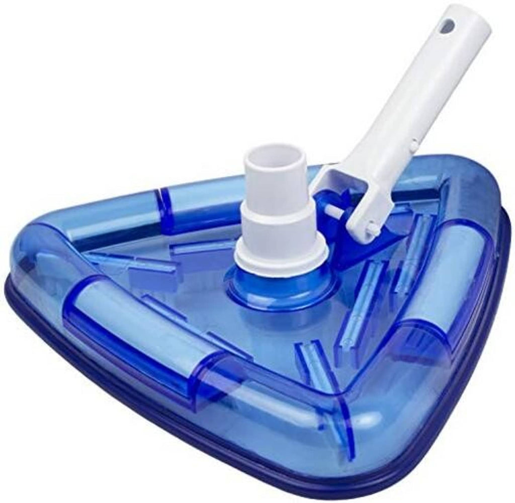 Triangle pool vacuum head with clear blue weighted vinyl liner and white handle