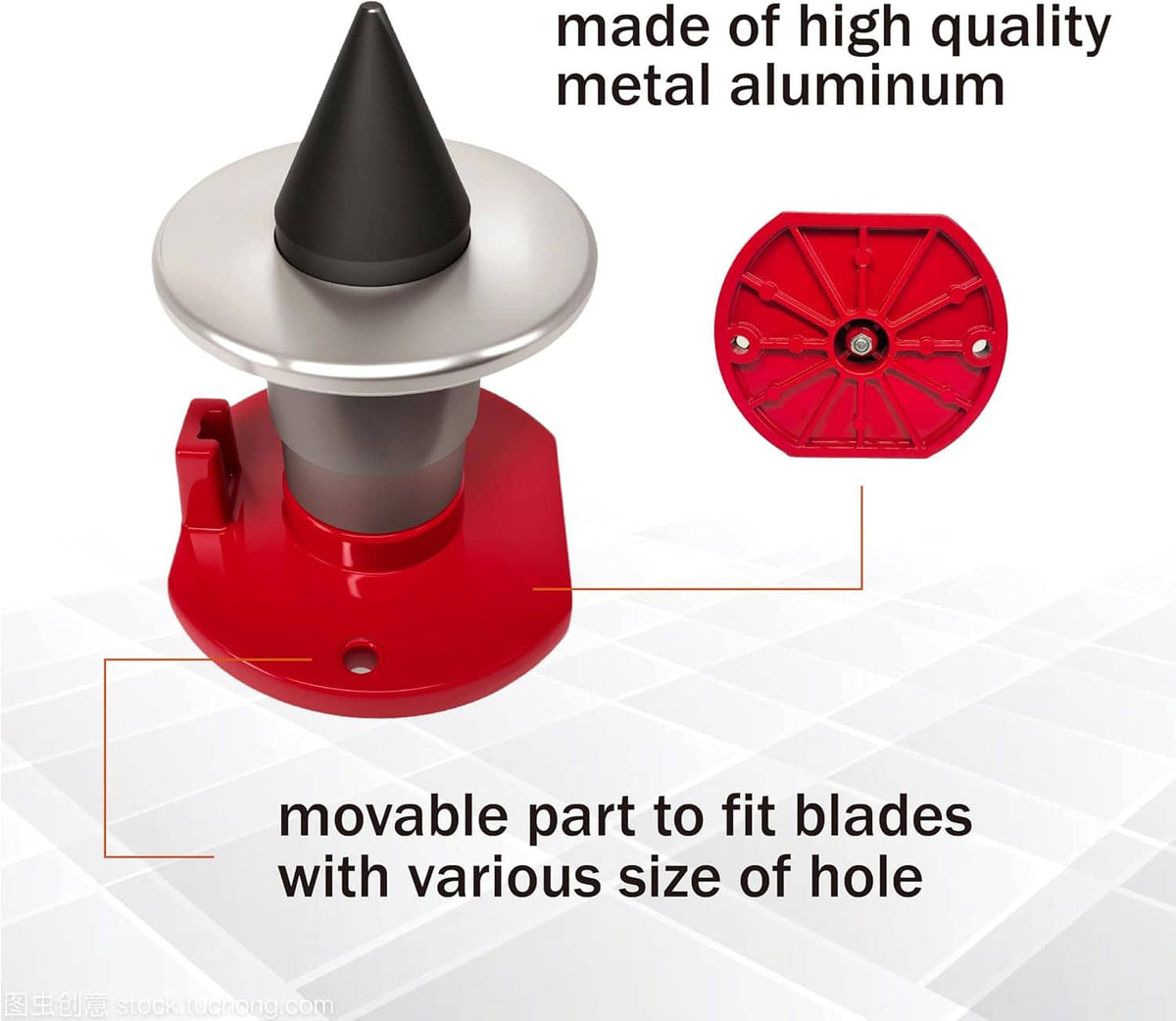 Magnetic blade balancer with red base and silver cone, with underside view shown