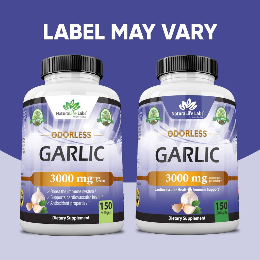 Odorless garlic supplement bottles, 3000 mg, 150 softgels (pair)