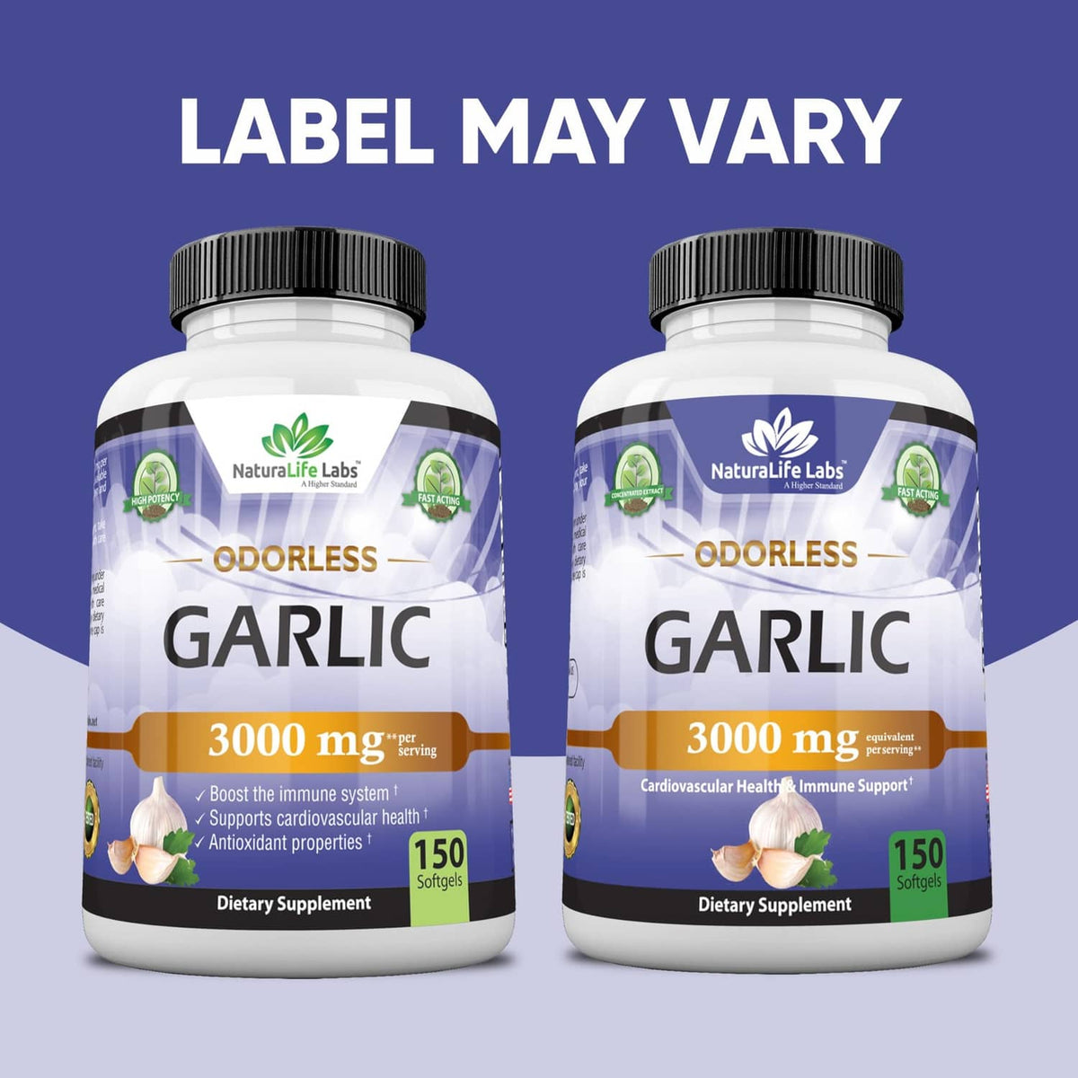 Odorless garlic supplement bottles, 3000 mg, 150 softgels (pair)