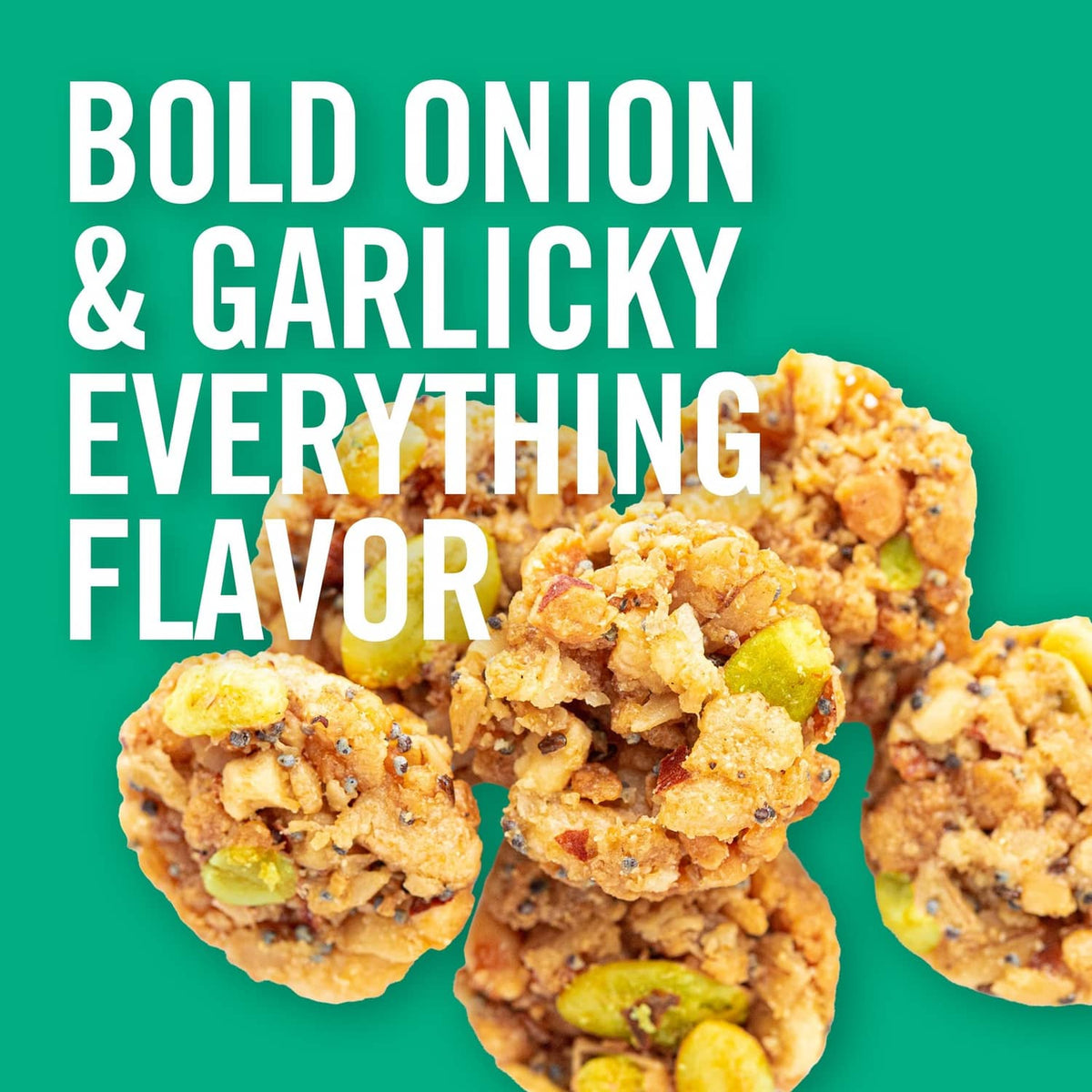 Organic snack bites with onion and garlicky everything flavor shown as baked bite pieces