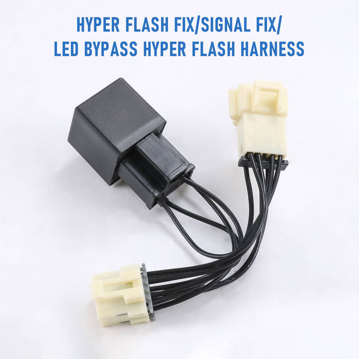 LED bypass hyper flash harness with black module and twin white plug connectors