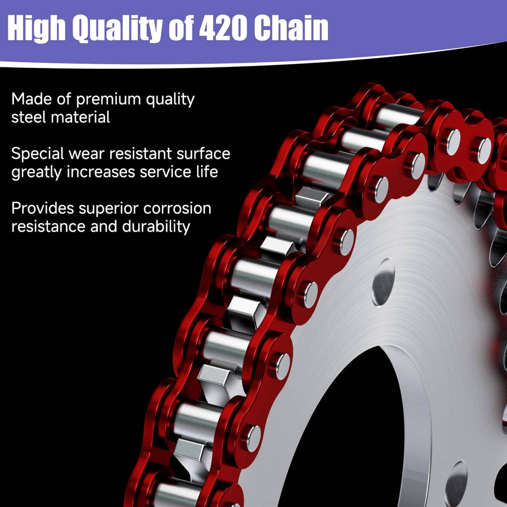 Red 420 chain close-up on a silver sprocket, highlighting metal rollers