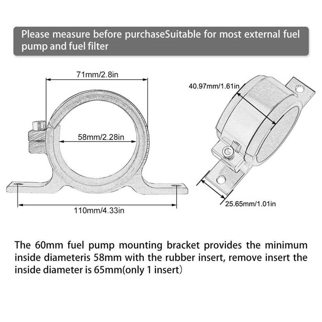 Fuel pump mounting bracket diagram with size measurements and rubber insert note
