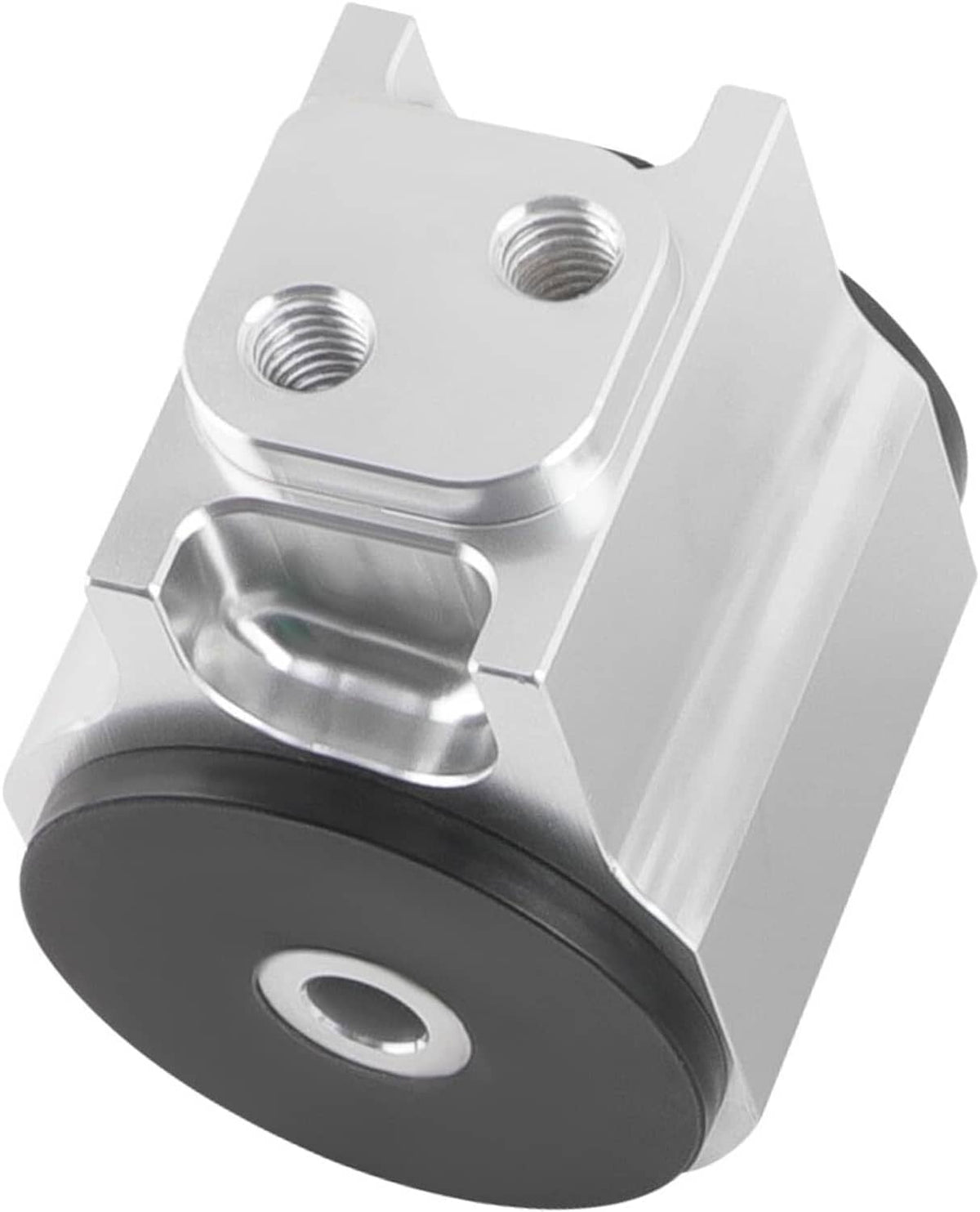 Silver motor mount assembly with black rubber base and threaded bolt openings