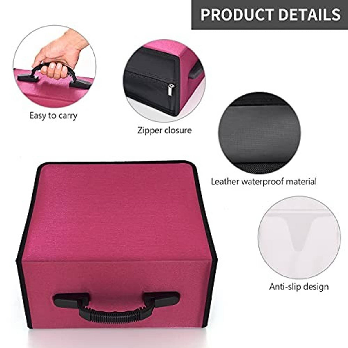 Red CD/DVD organizer case with side zipper track and textured black trim edges.