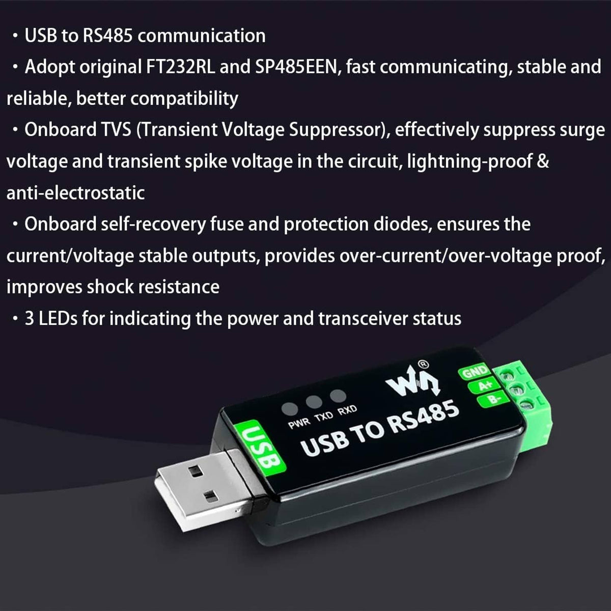 USB to RS485 adapter with green screw terminal and LED indicator lights