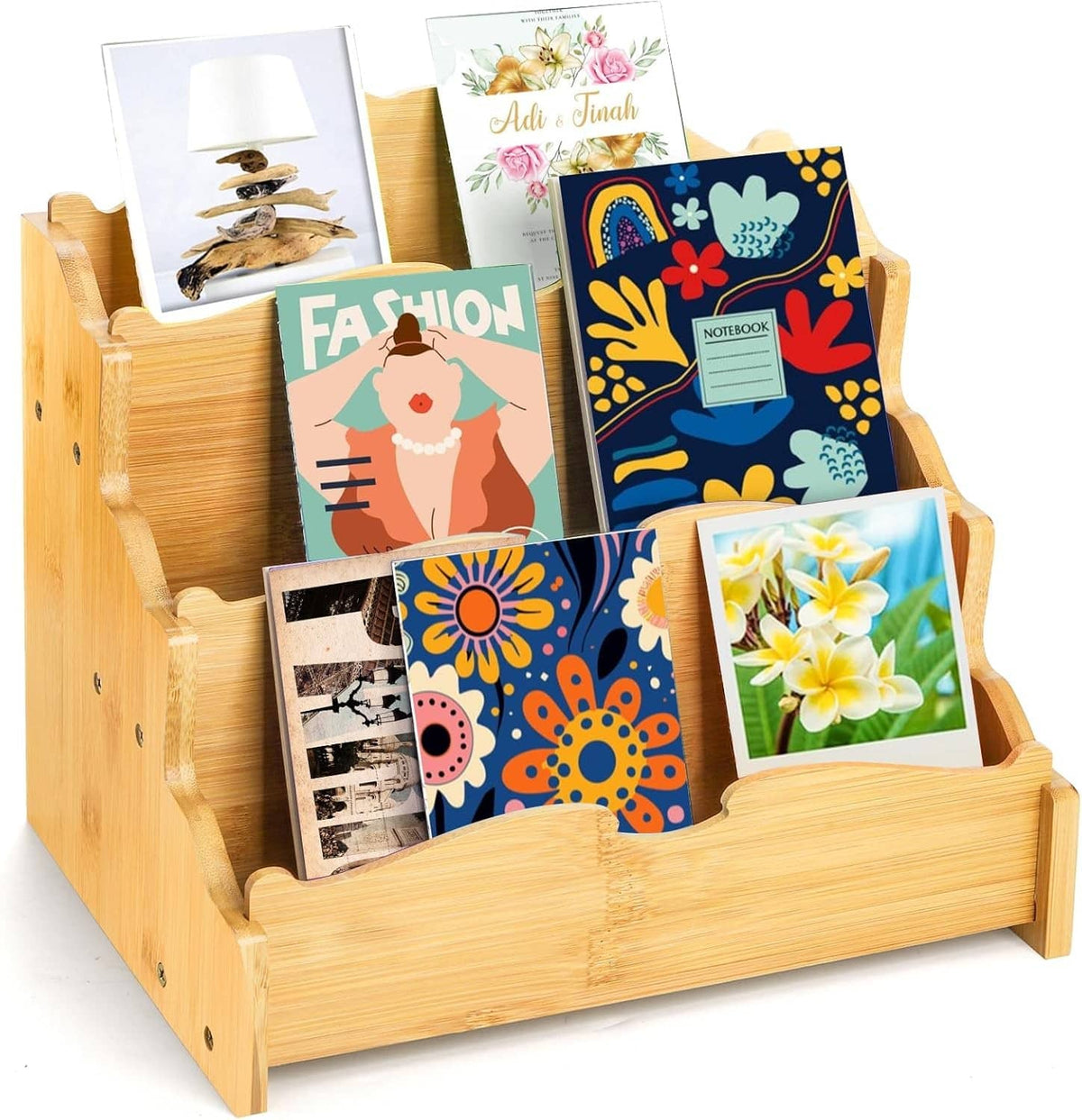 3-tier bamboo card display stand holding multiple greeting cards