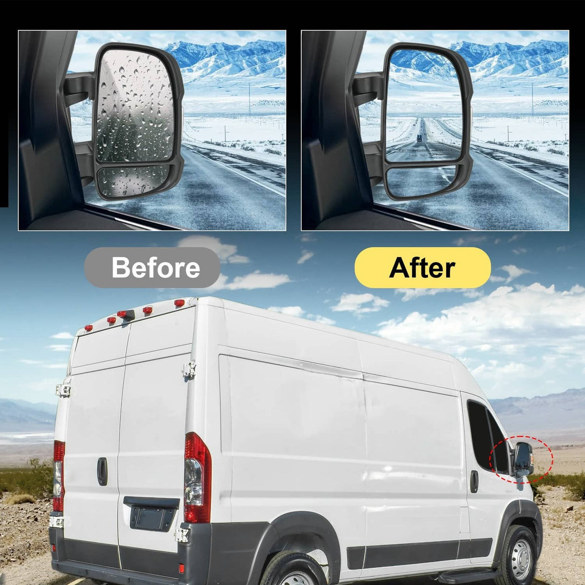 Right passenger-side door mirror in use showing clear reflection through wet conditions