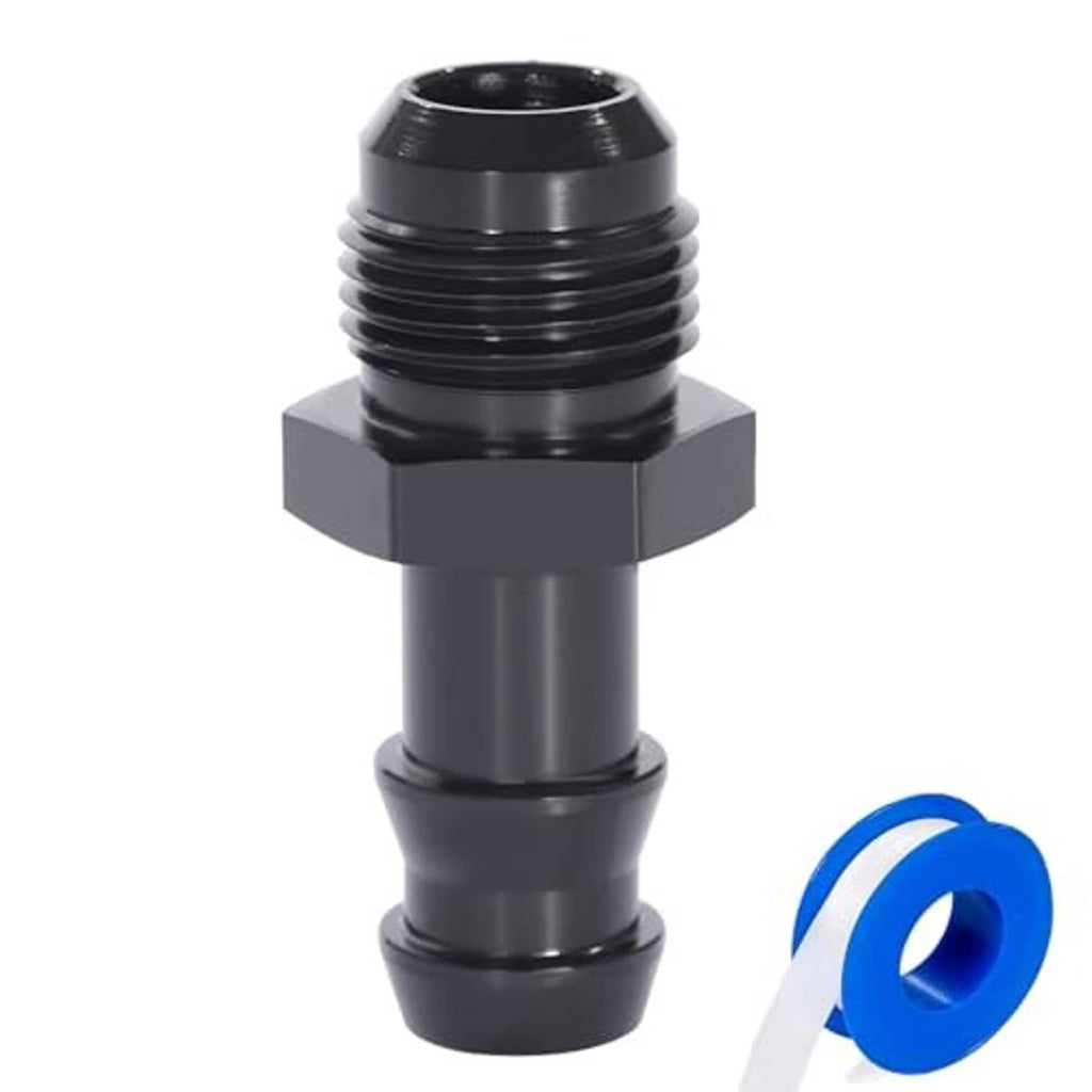 Black straight AN to 5/8" hose barb adapter with blue hose section