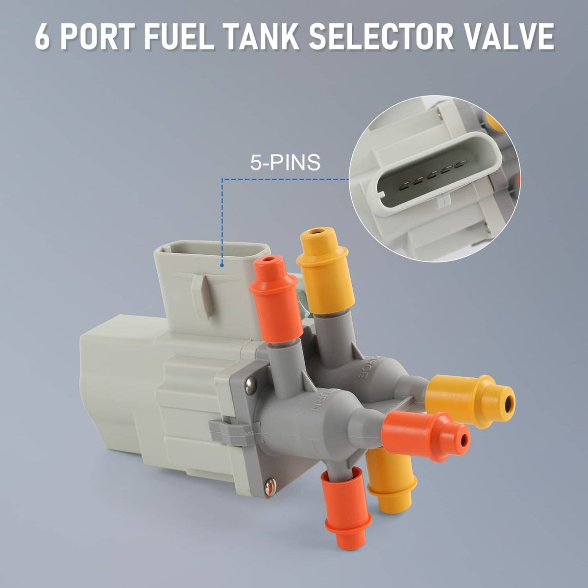 6-port fuel tank selector valve with gray housing, 5-pin connector, and colored ports