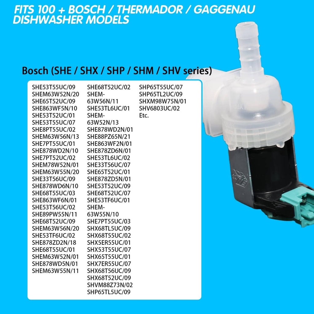White dishwasher water inlet valve with teal plug and black electrical housing