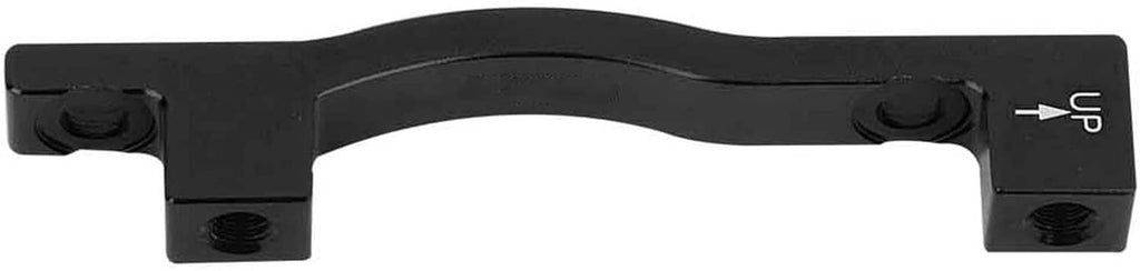 Black post mount disc brake adapter bracket, with four mounting fastener points