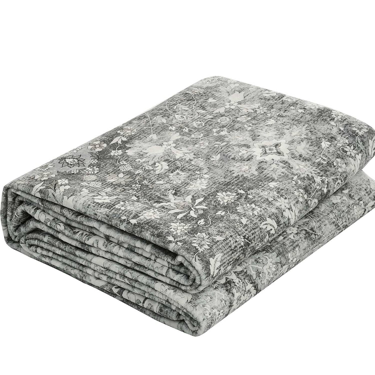 Gray vintage floral area rug, neatly folded with decorative border and medallion pattern.