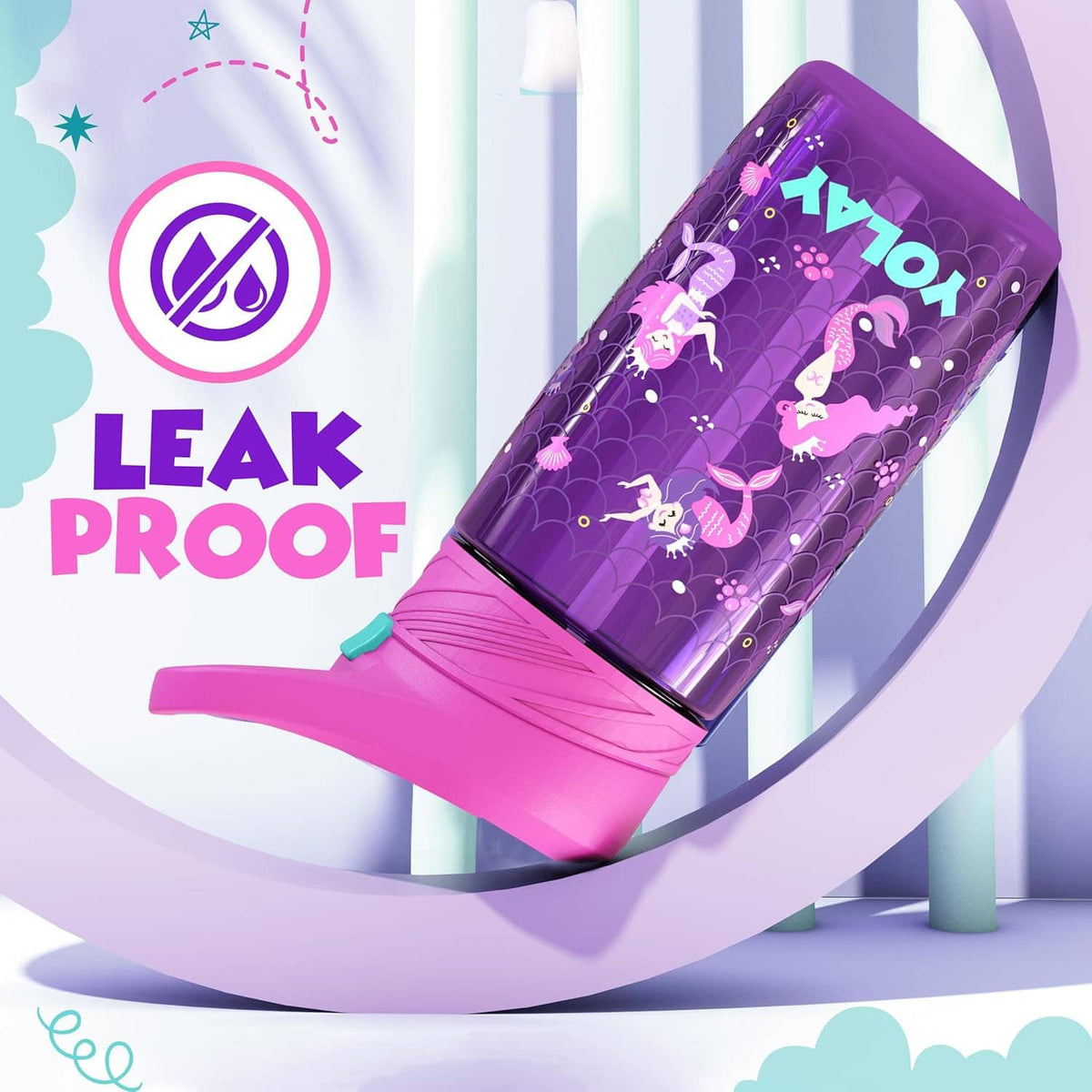 Purple kids water bottle tilted, pink lid and turquoise straw spout