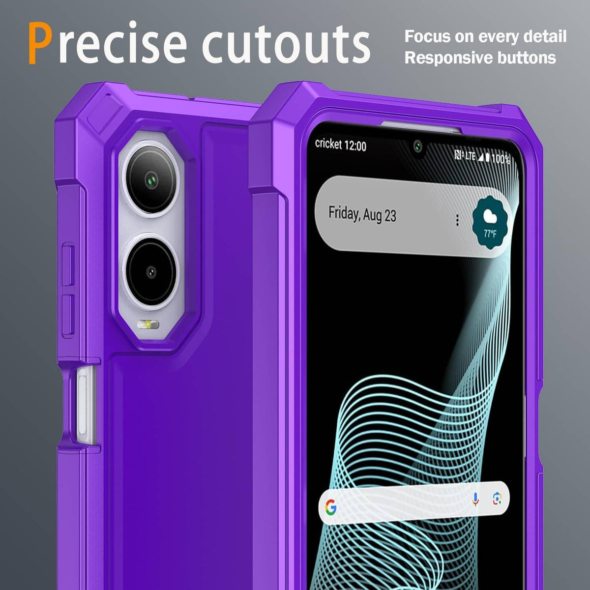 Purple rugged phone case with precise cutouts and dual camera module openings