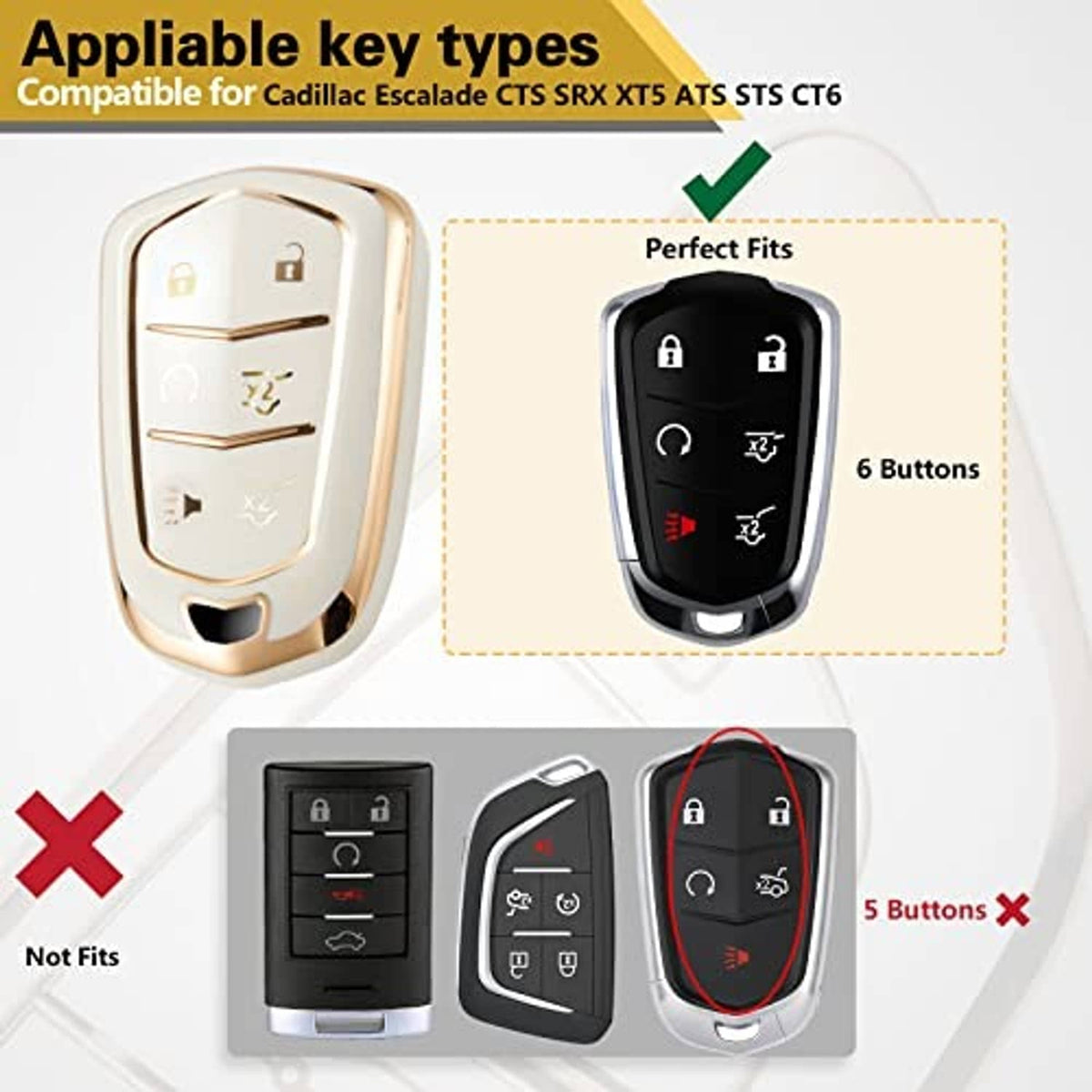 White key fob cover with gold trim and button layout, shown on a key ring