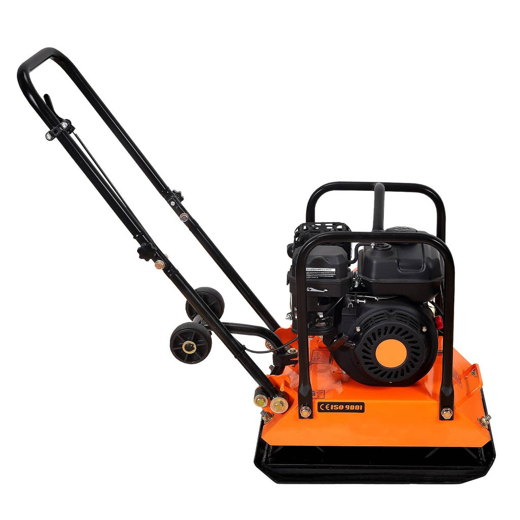 Orange plate compactor with black engine housing and tall handle frame