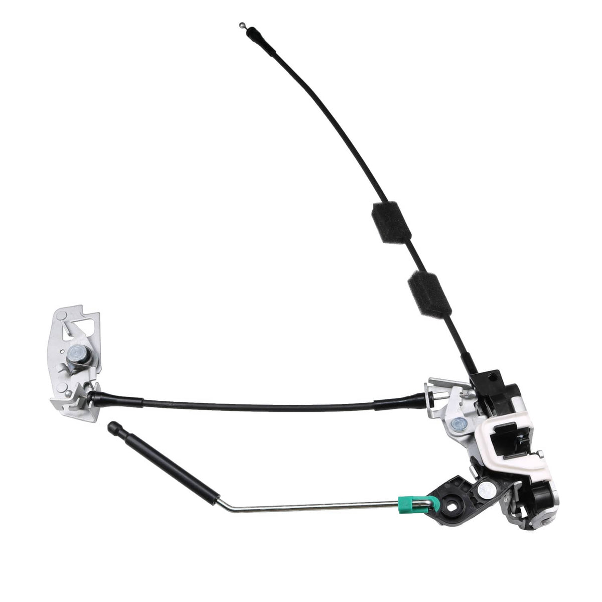 Rear cargo door latch assembly with cables and metal mounting bracket, right passenger side