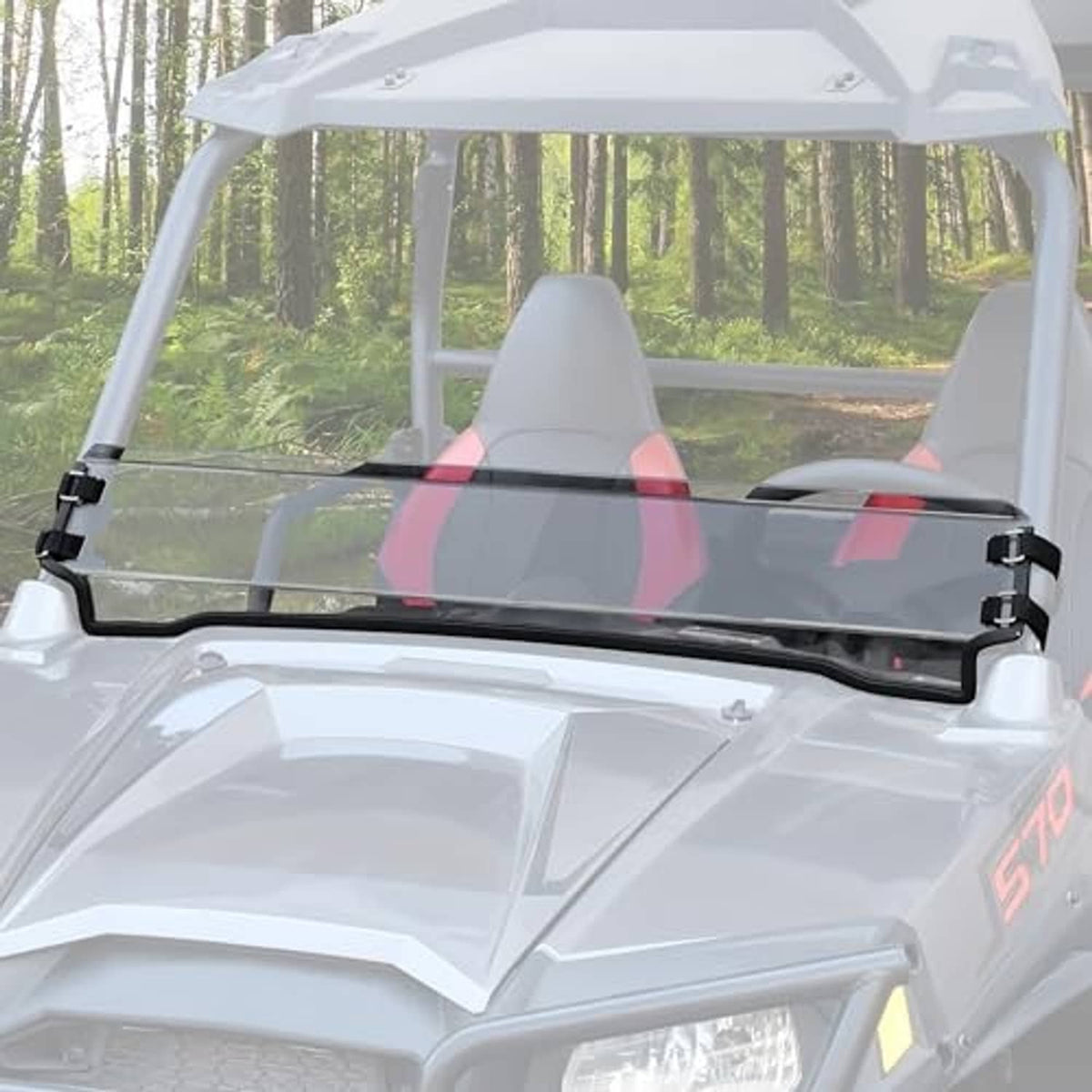 UTV front half windshield, clear polycarbonate panel with black bar mounts on white frame