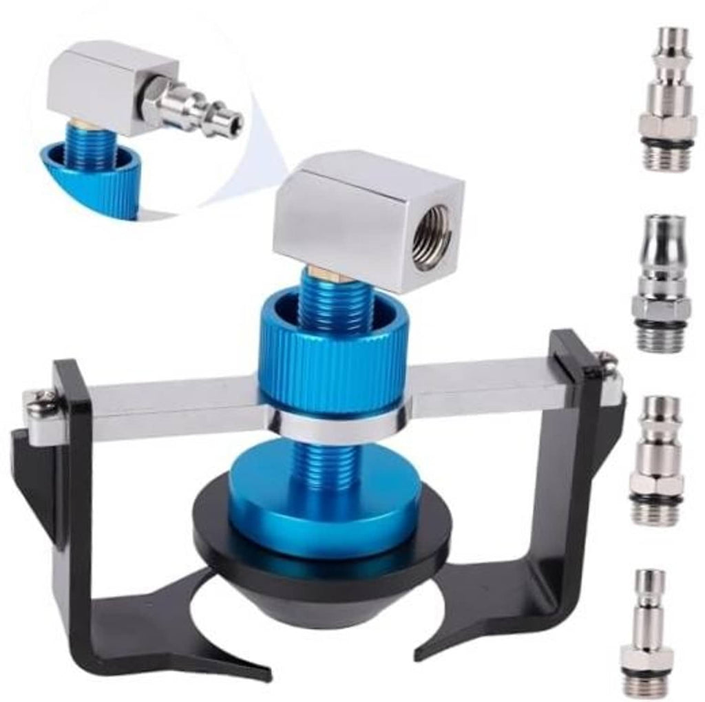Universal brake bleeder adapter kit with blue cylinder and four quick-connect fittings
